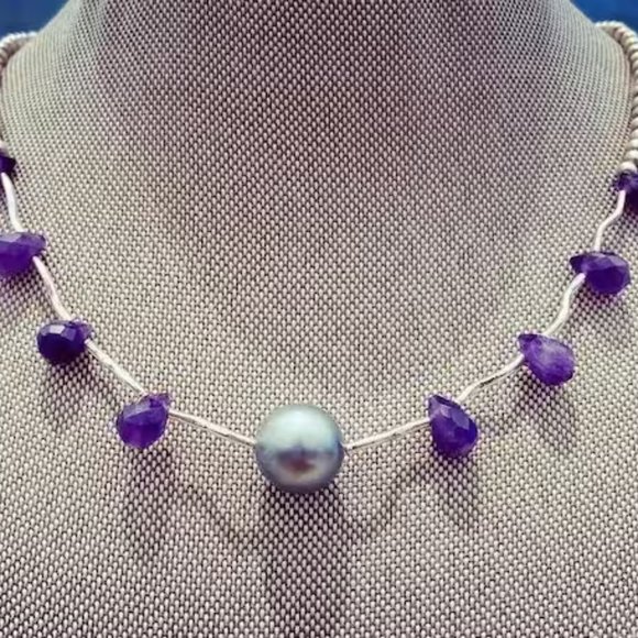 Tahitian black pearl, Amethyst drops and sterling silver necklace.